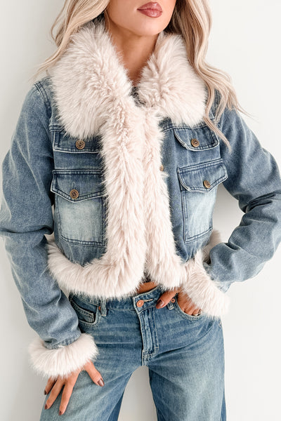 Rush Factor Faux Fur Trim Denim Crop Jacket (Denim Blue)
