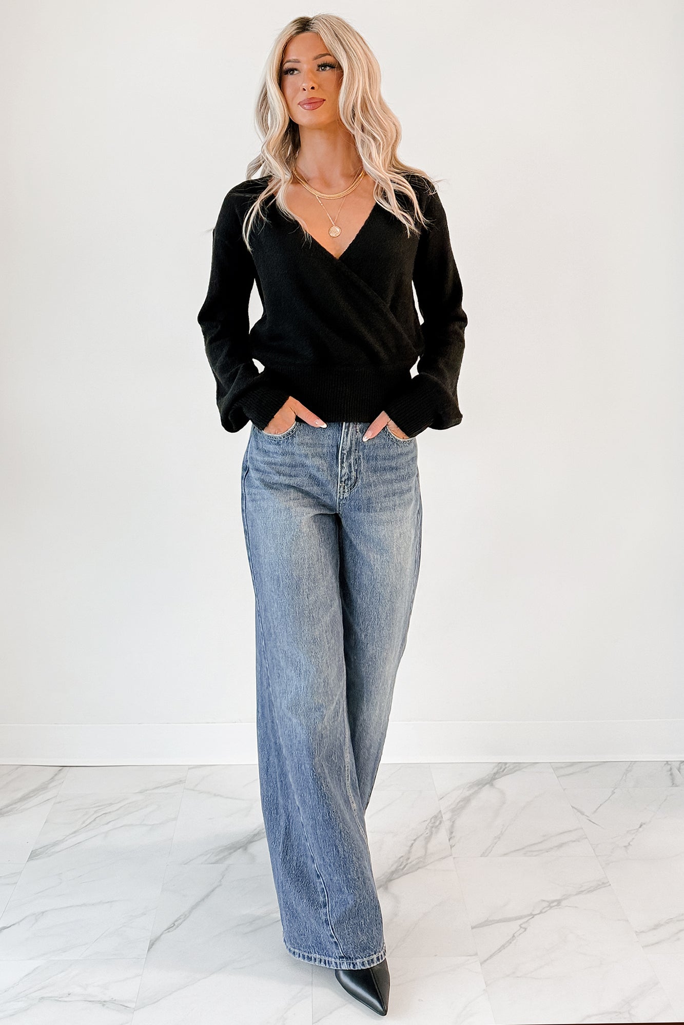 She’s Sunshine V Neck Knit Sweater (Black) - NanaMacs