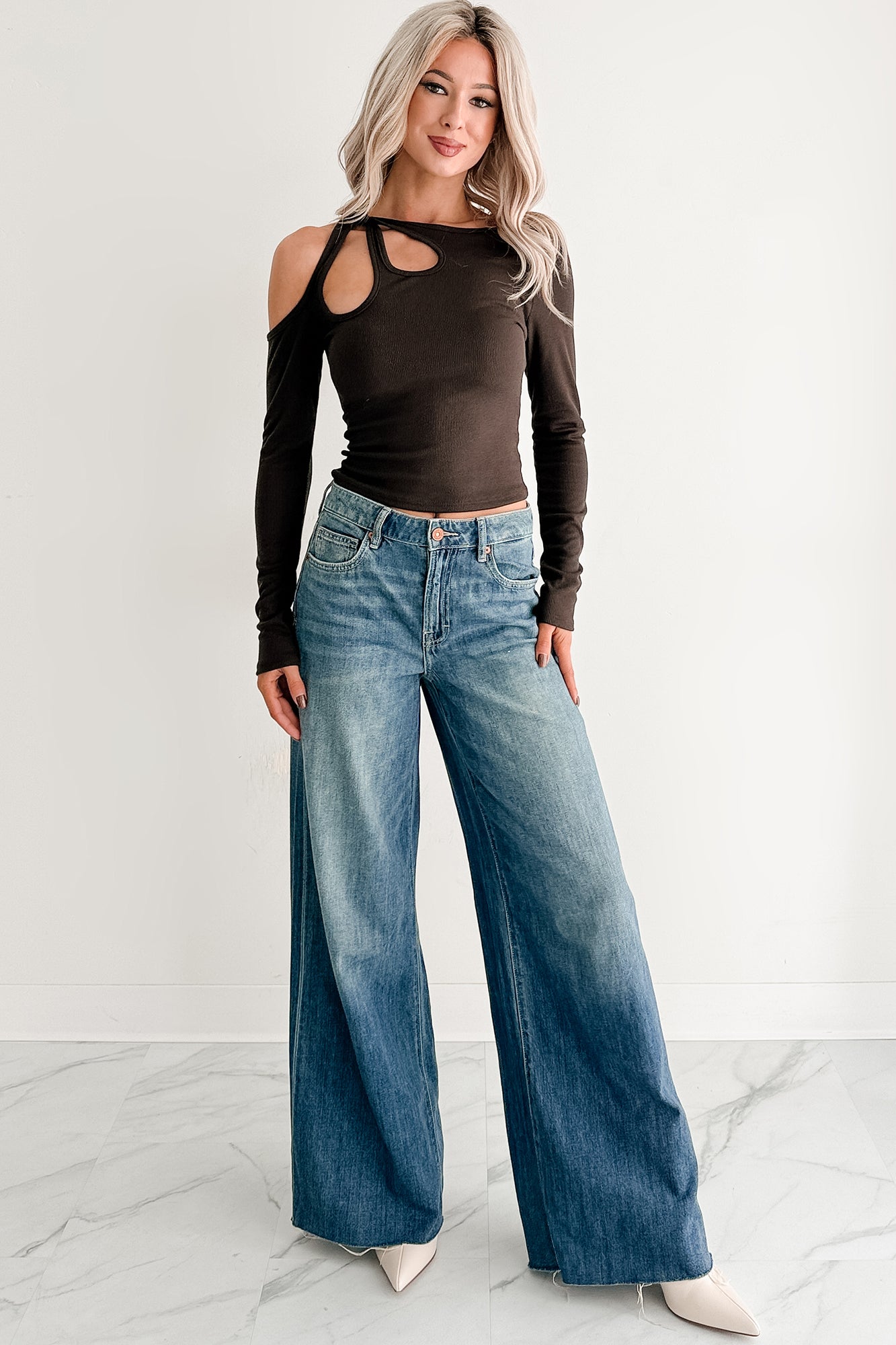 Keep It Light Cut-Out Long Sleeve Top (Chocolate) - NanaMacs