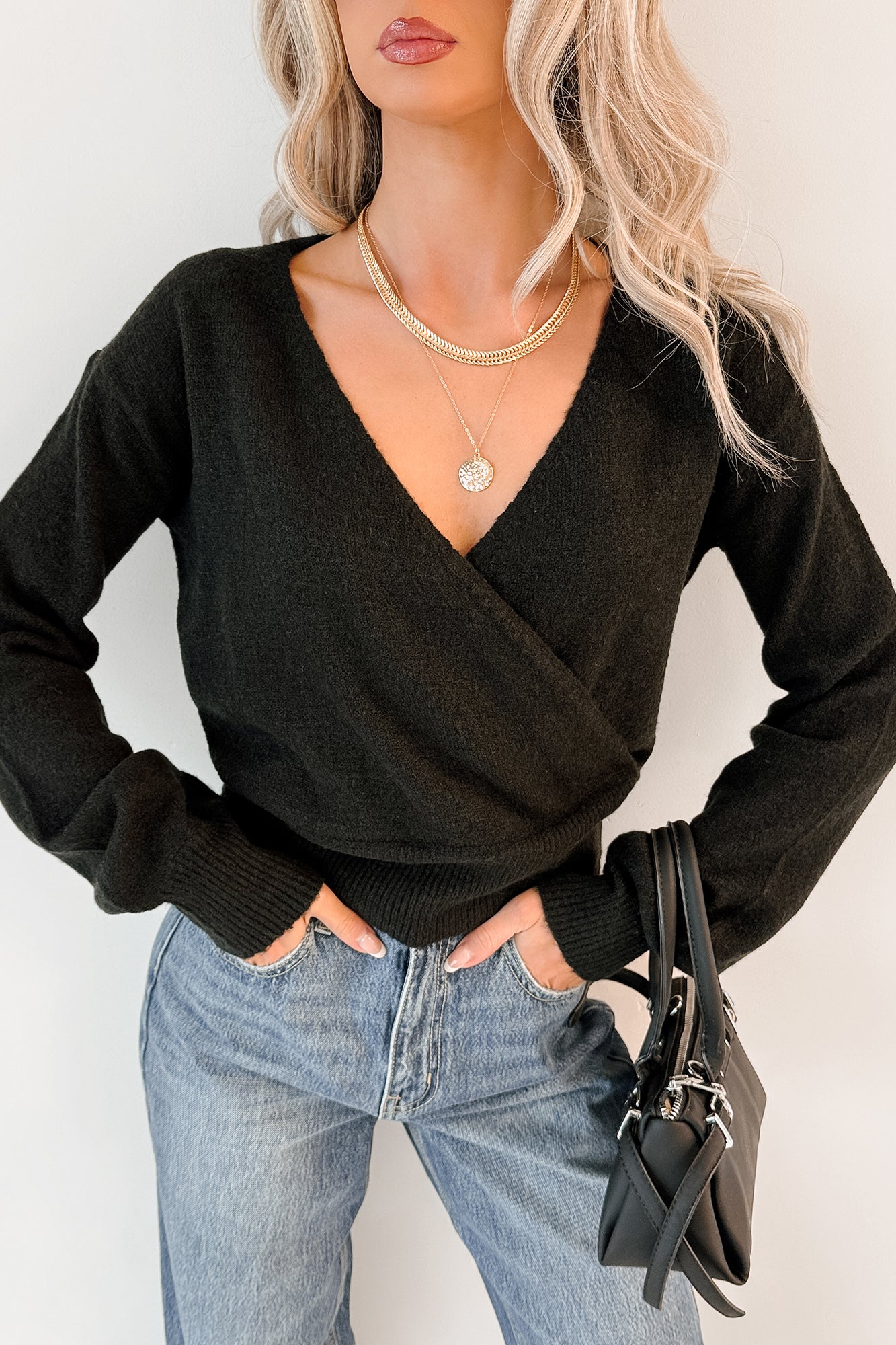 She’s Sunshine V Neck Knit Sweater (Black) - NanaMacs
