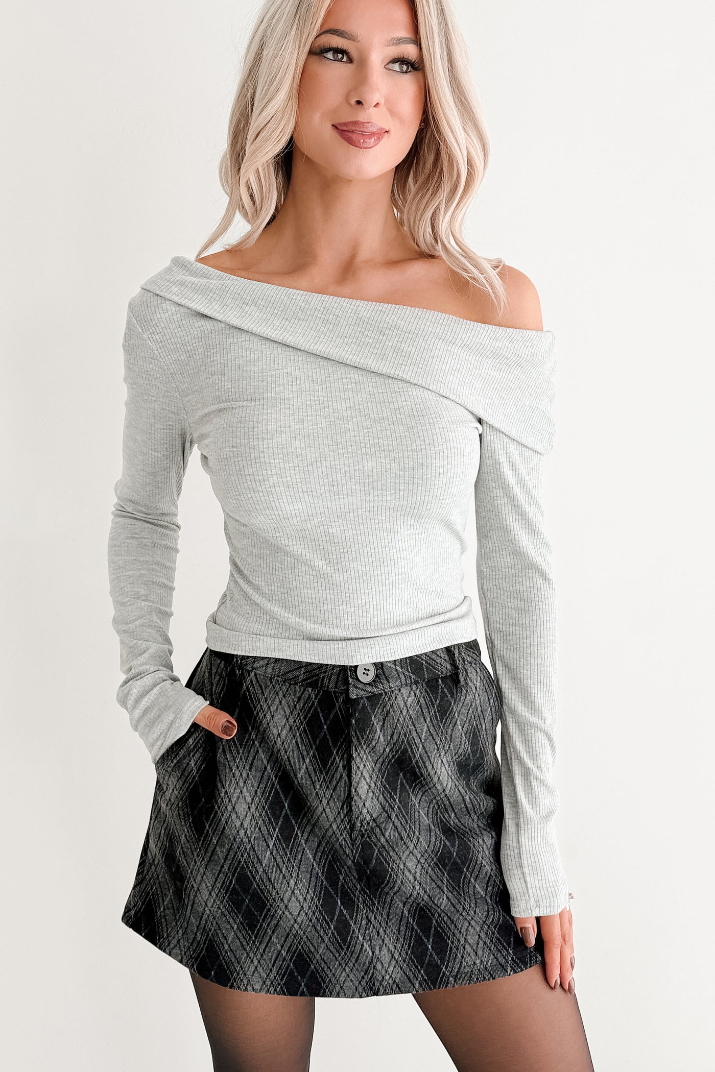 Luxe Basics One Shoulder Ribbed Top (Heather Grey) - NanaMacs