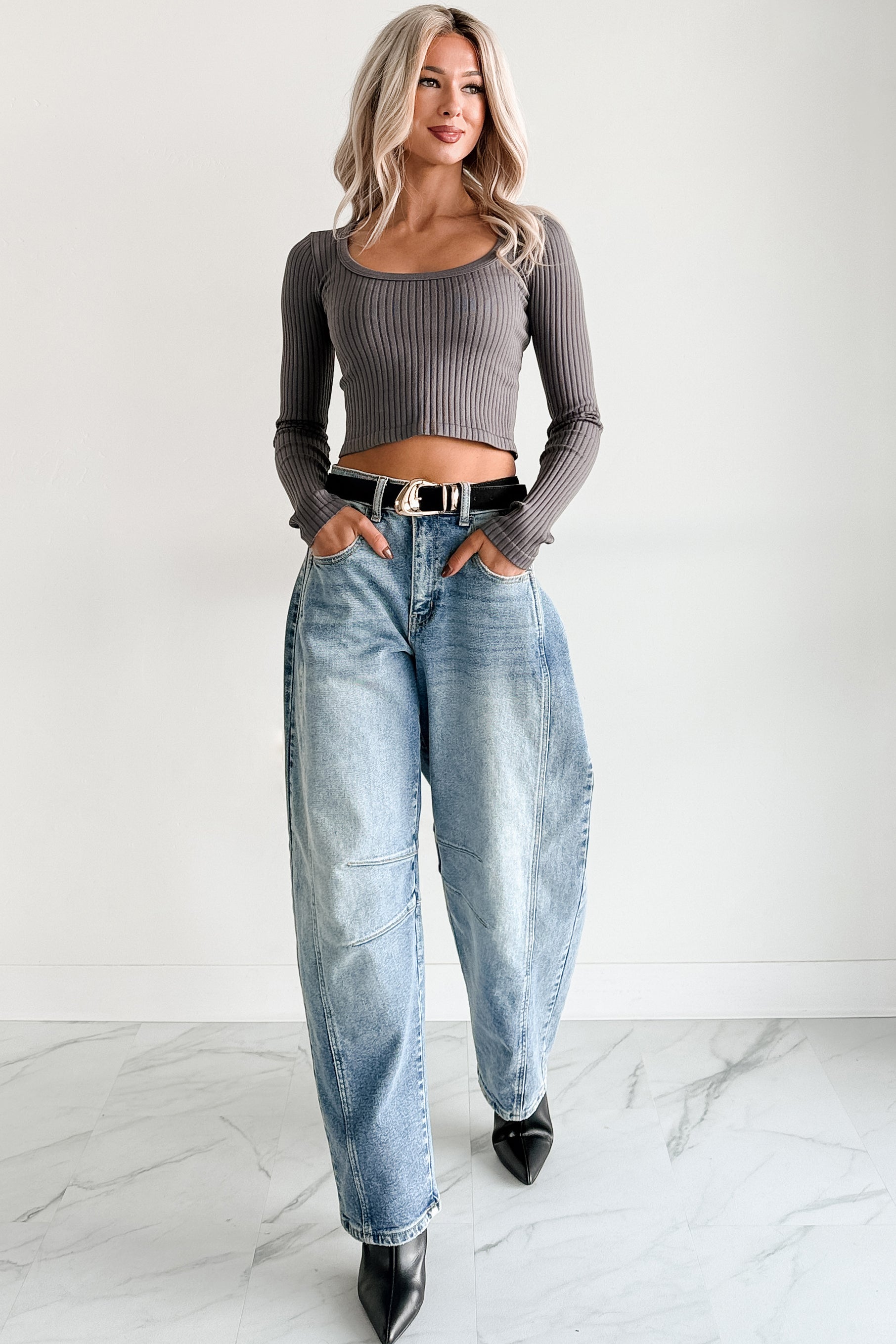 Evening Ease Scoop Neck Ribbed Crop Top (Charcoal) - NanaMacs