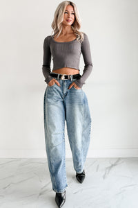 Evening Ease Scoop Neck Ribbed Crop Top (Charcoal) - NanaMacs