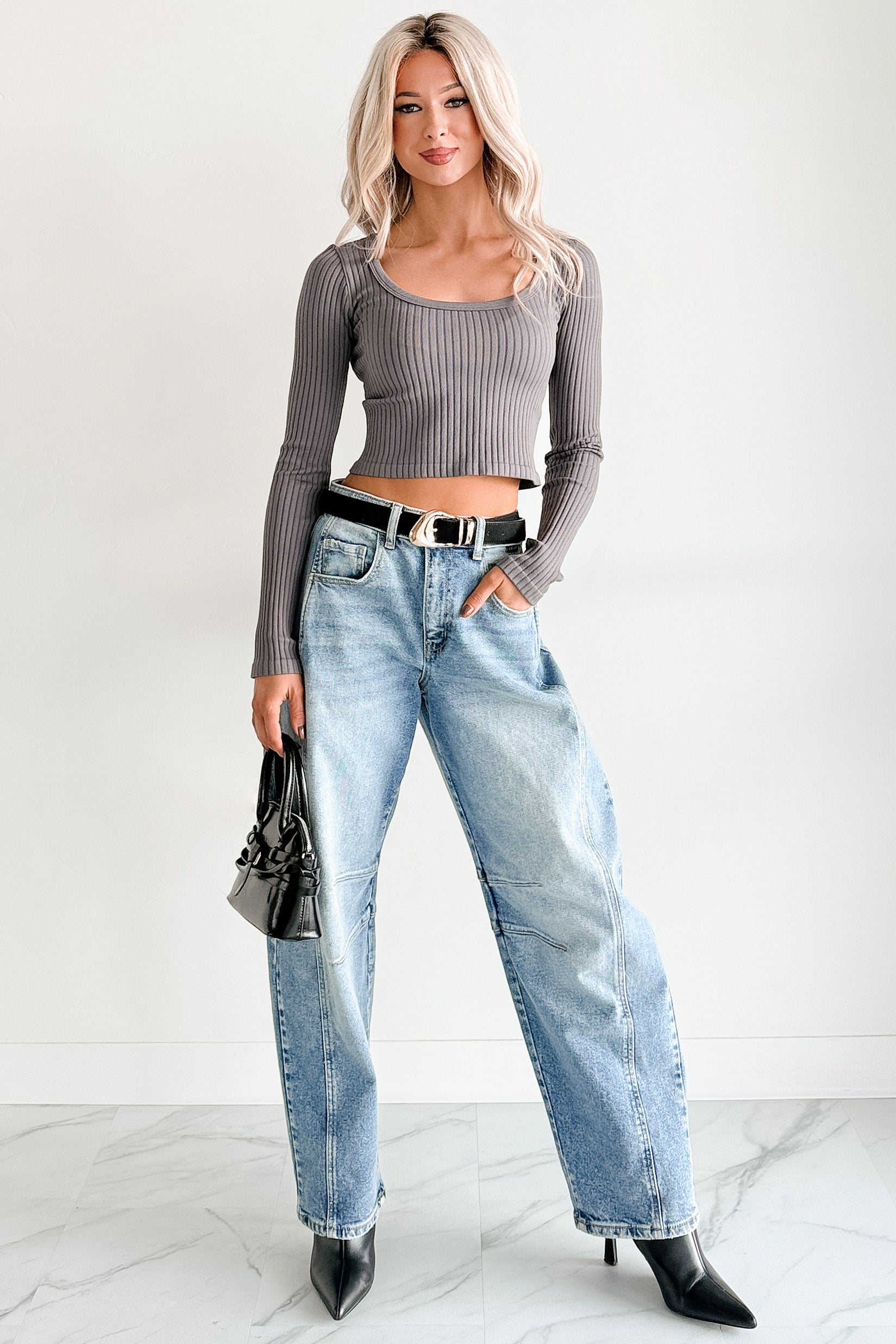 Evening Ease Scoop Neck Ribbed Crop Top (Charcoal) - NanaMacs