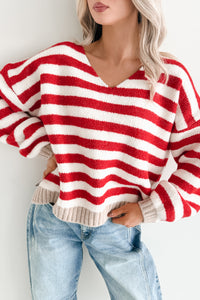 Inspire Me V Neck Striped Knit Sweater (Red/Ivory) - NanaMacs