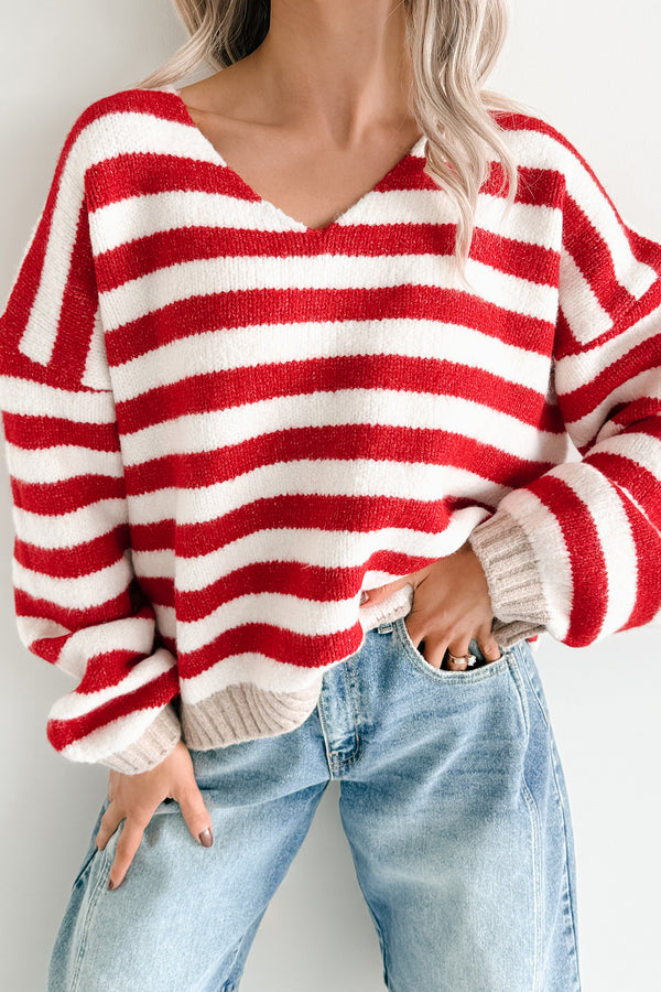 Inspire Me V Neck Striped Knit Sweater (Red/Ivory) - NanaMacs
