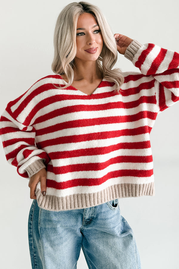 Inspire Me V Neck Striped Knit Sweater (Red/Ivory)