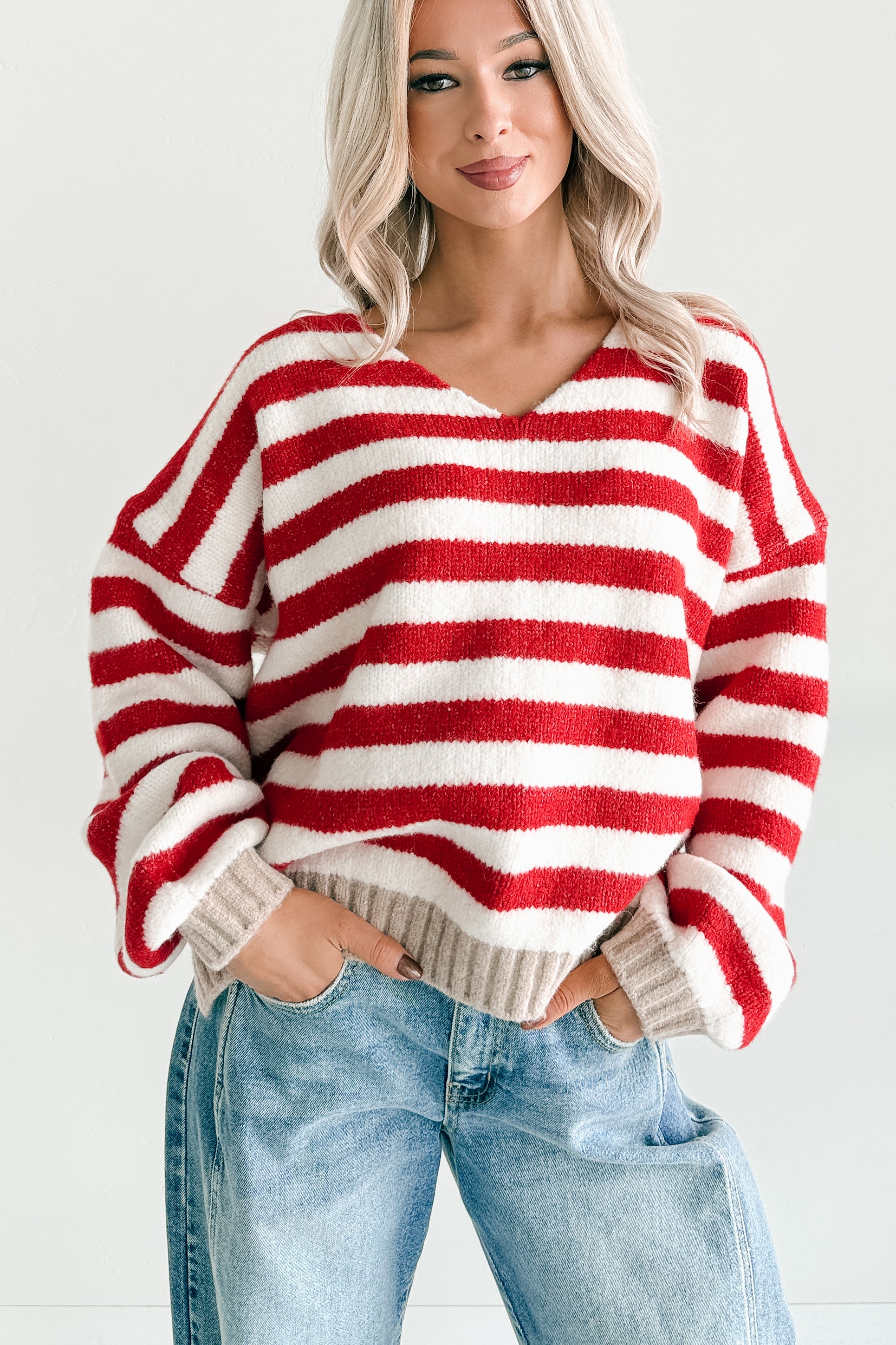Inspire Me V Neck Striped Knit Sweater (Red/Ivory) - NanaMacs