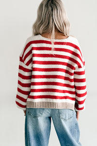 Inspire Me V Neck Striped Knit Sweater (Red/Ivory) - NanaMacs