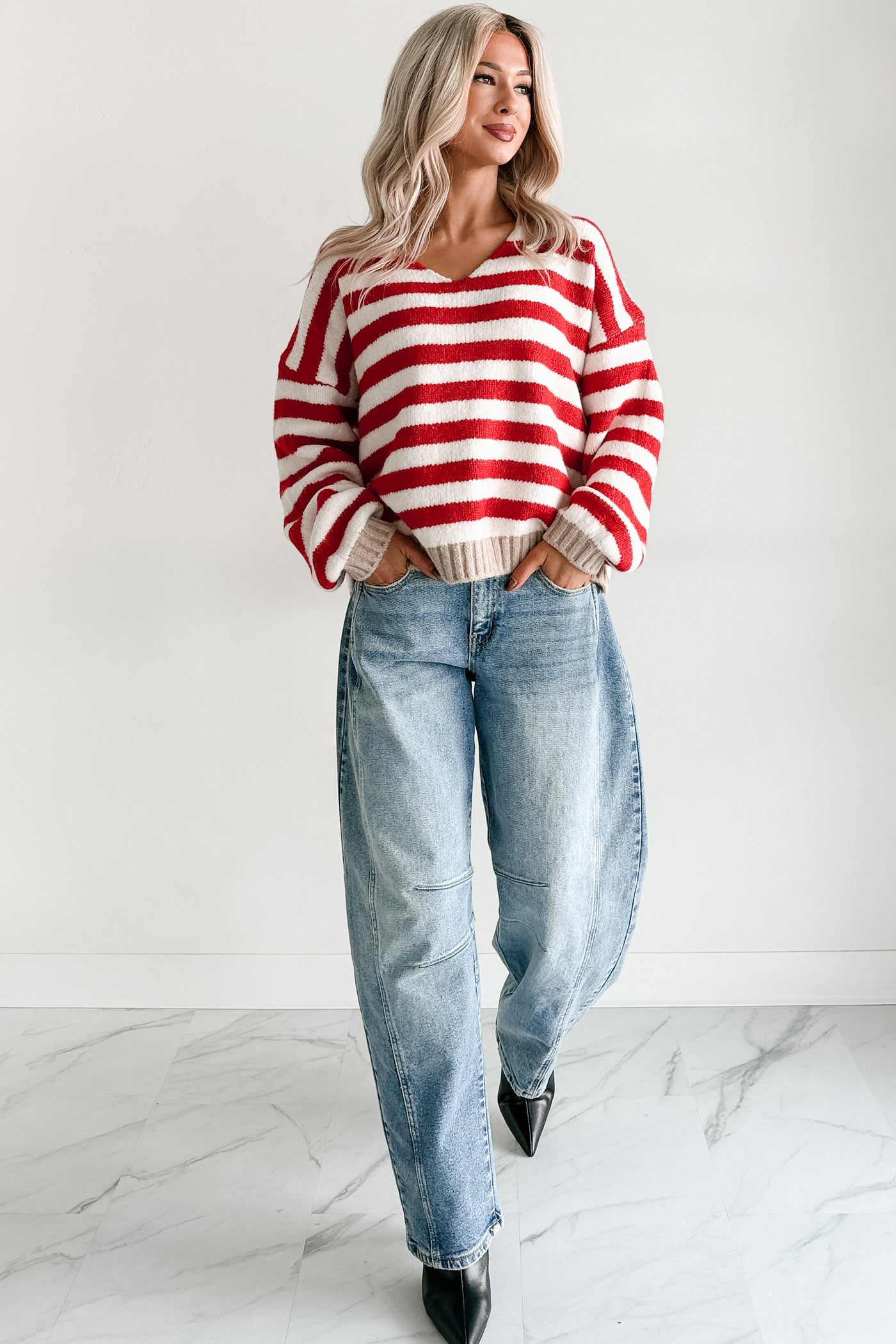 Inspire Me V Neck Striped Knit Sweater (Red/Ivory) - NanaMacs