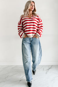 Inspire Me V Neck Striped Knit Sweater (Red/Ivory) - NanaMacs