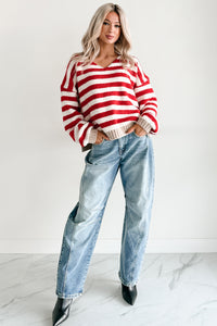 Inspire Me V Neck Striped Knit Sweater (Red/Ivory) - NanaMacs