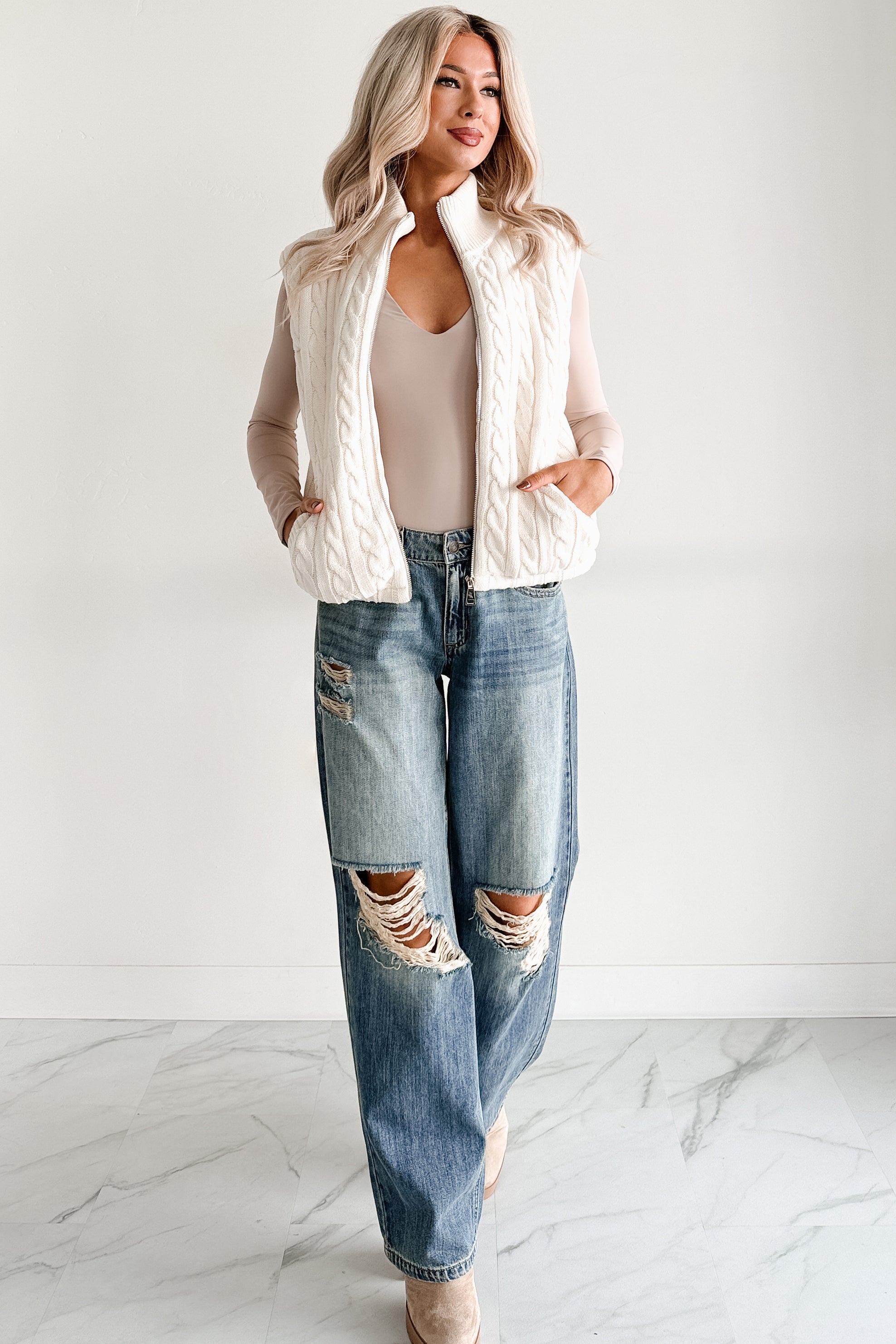 Warm Welcome Cable Knit Puffer Vest (Ivory)