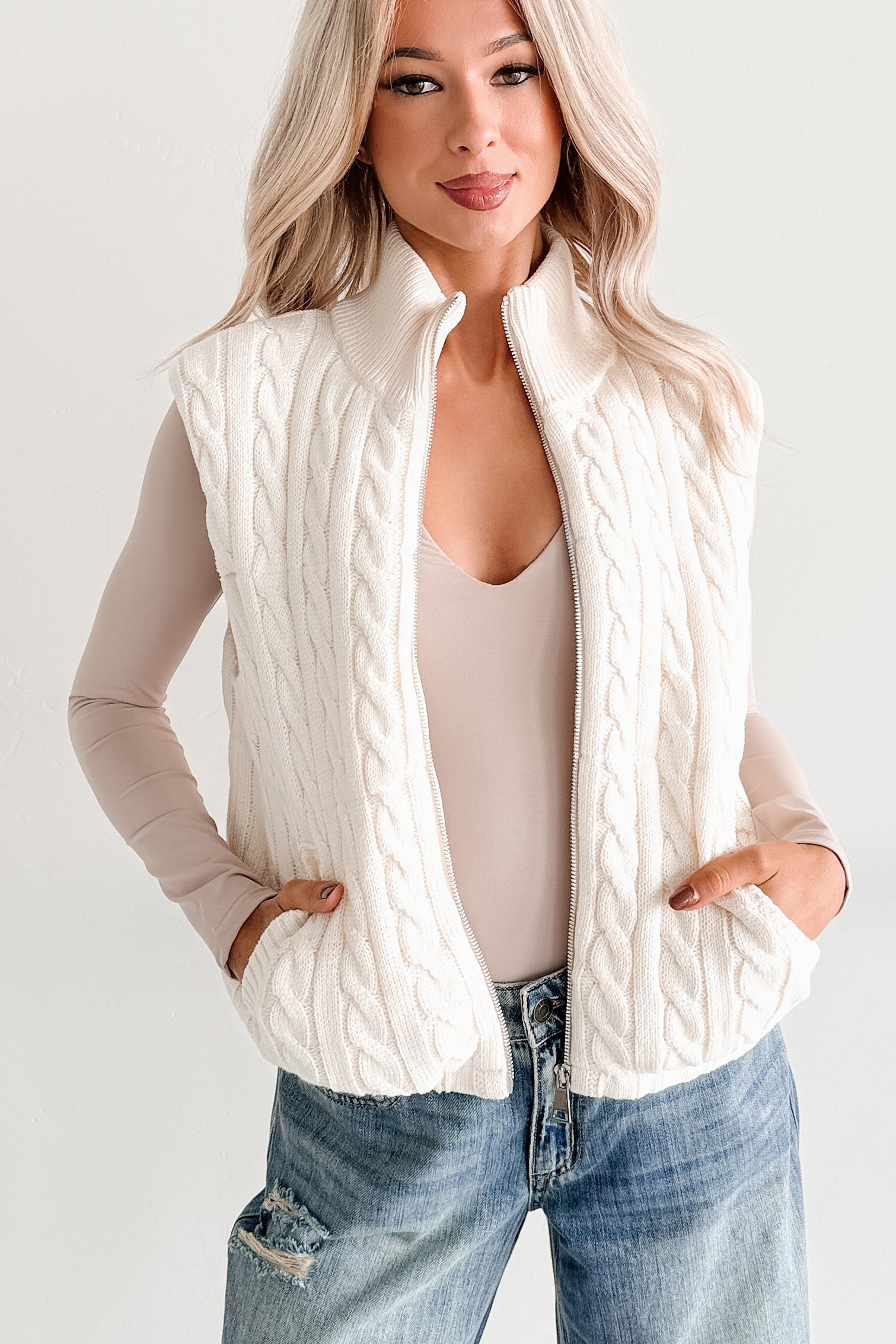 Warm Welcome Cable Knit Puffer Vest (Ivory)