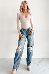 Daily Ease Long Sleeve V Neck Bodysuit (Light Taupe) - NanaMacs