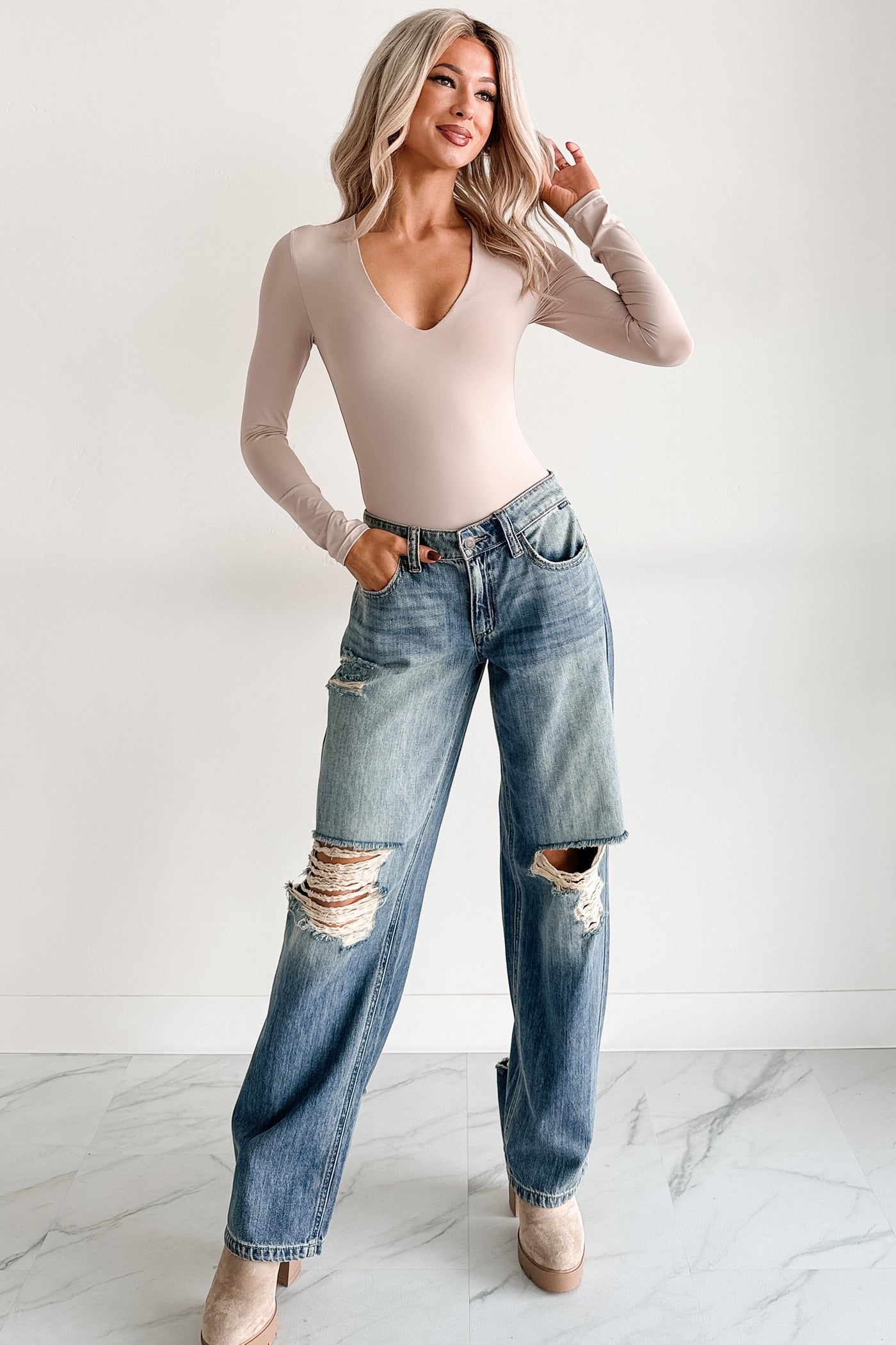 Daily Ease Long Sleeve V Neck Bodysuit (Light Taupe) - NanaMacs