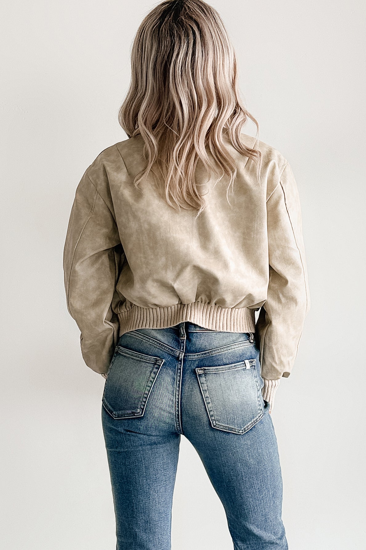 Leading Now Faux Leather Bomber Jacket (Sand)