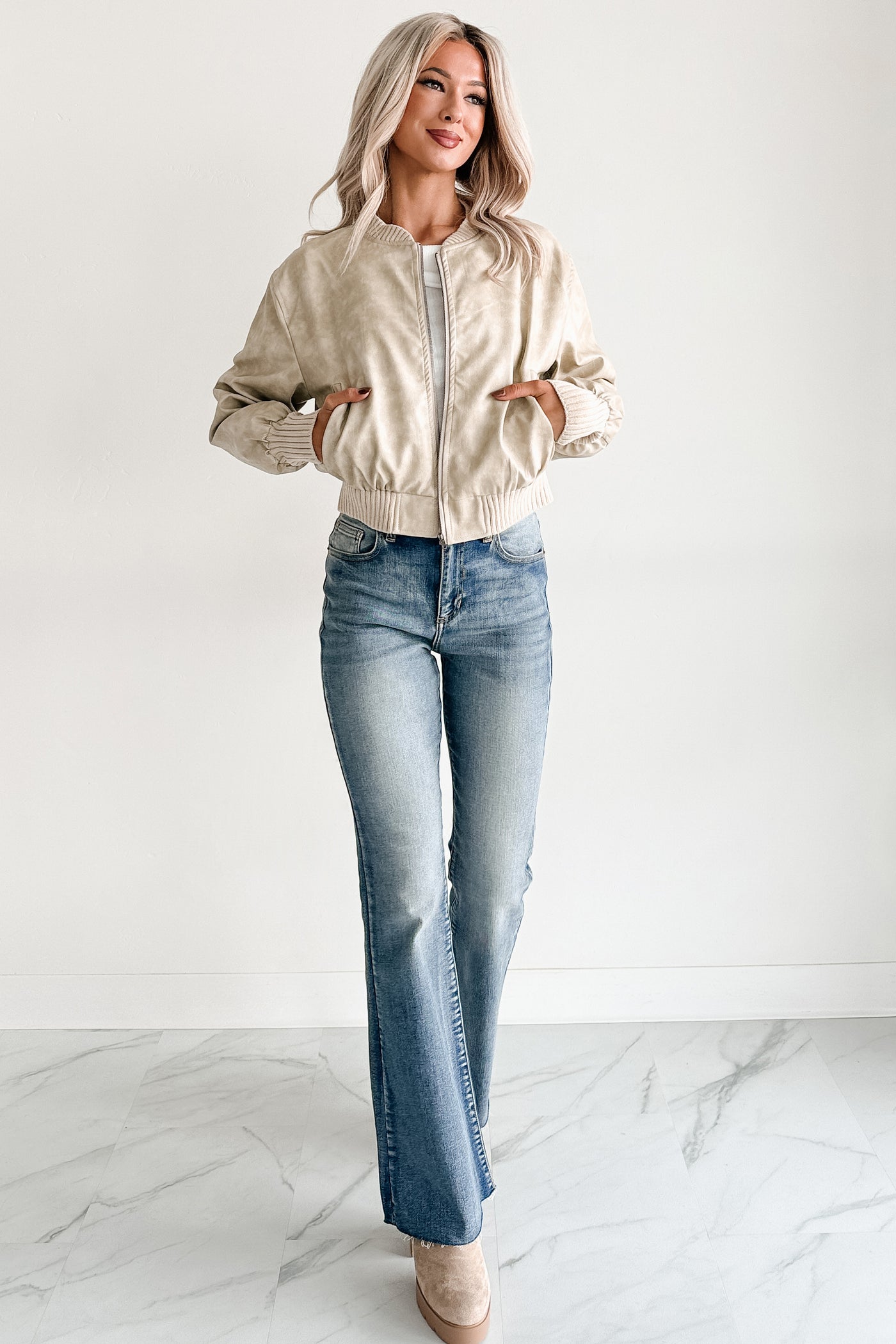 Leading Now Faux Leather Bomber Jacket (Sand)