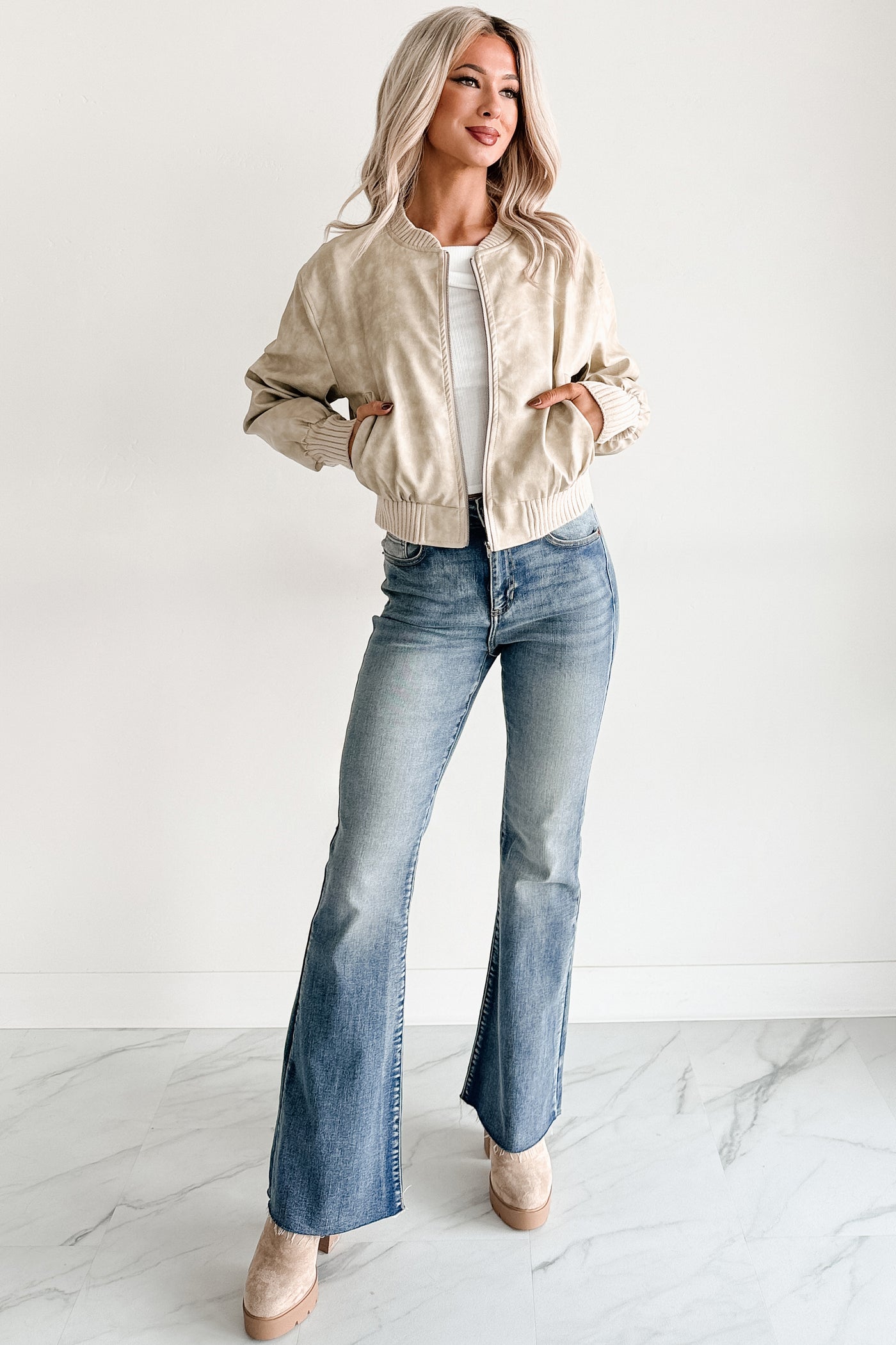 Leading Now Faux Leather Bomber Jacket (Sand)