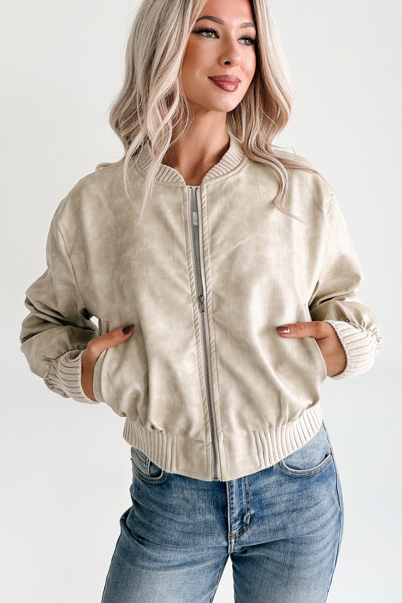 Leading Now Faux Leather Bomber Jacket (Sand)