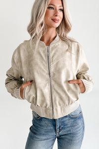 Leading Now Faux Leather Bomber Jacket (Sand)
