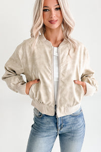 Leading Now Faux Leather Bomber Jacket (Sand)