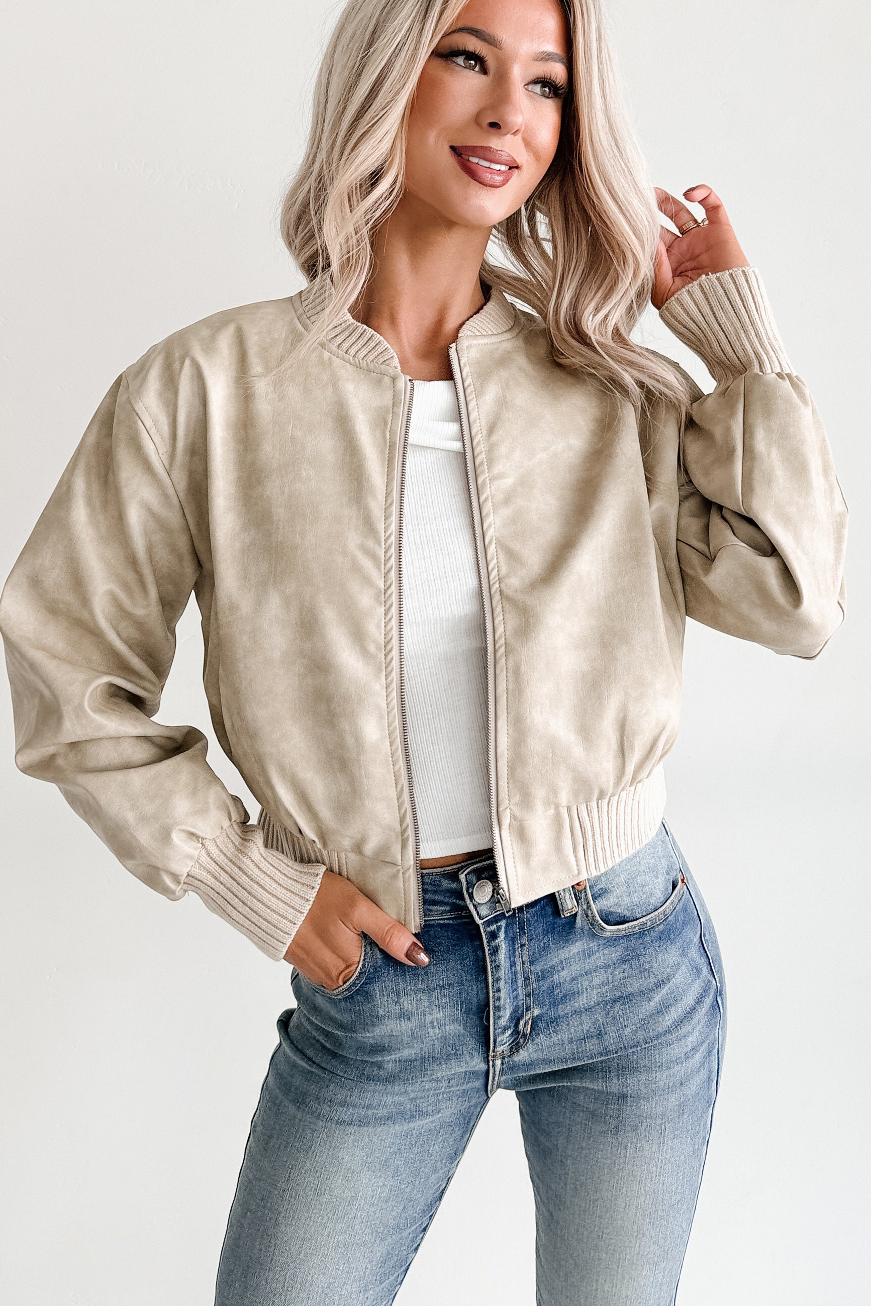 Leading Now Faux Leather Bomber Jacket (Sand)