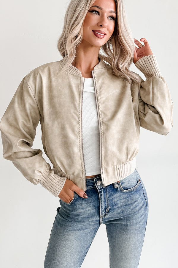 Leading Now Faux Leather Bomber Jacket (Sand)