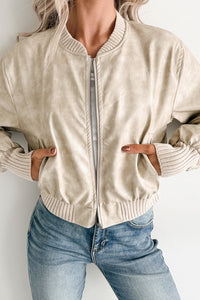 Leading Now Faux Leather Bomber Jacket (Sand)