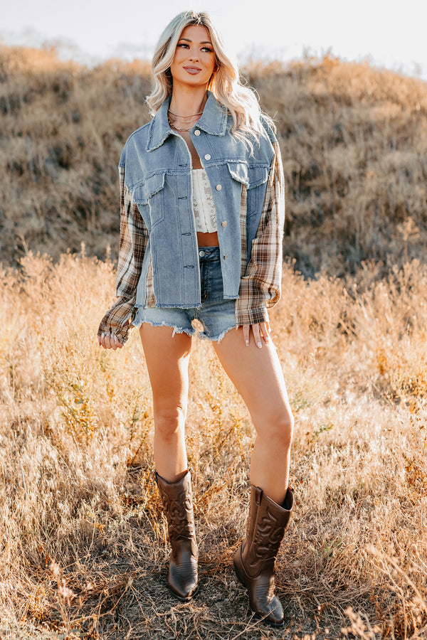 Daily Mode Plaid Denim Mix Jacket (Taupe Blend) - NanaMacs