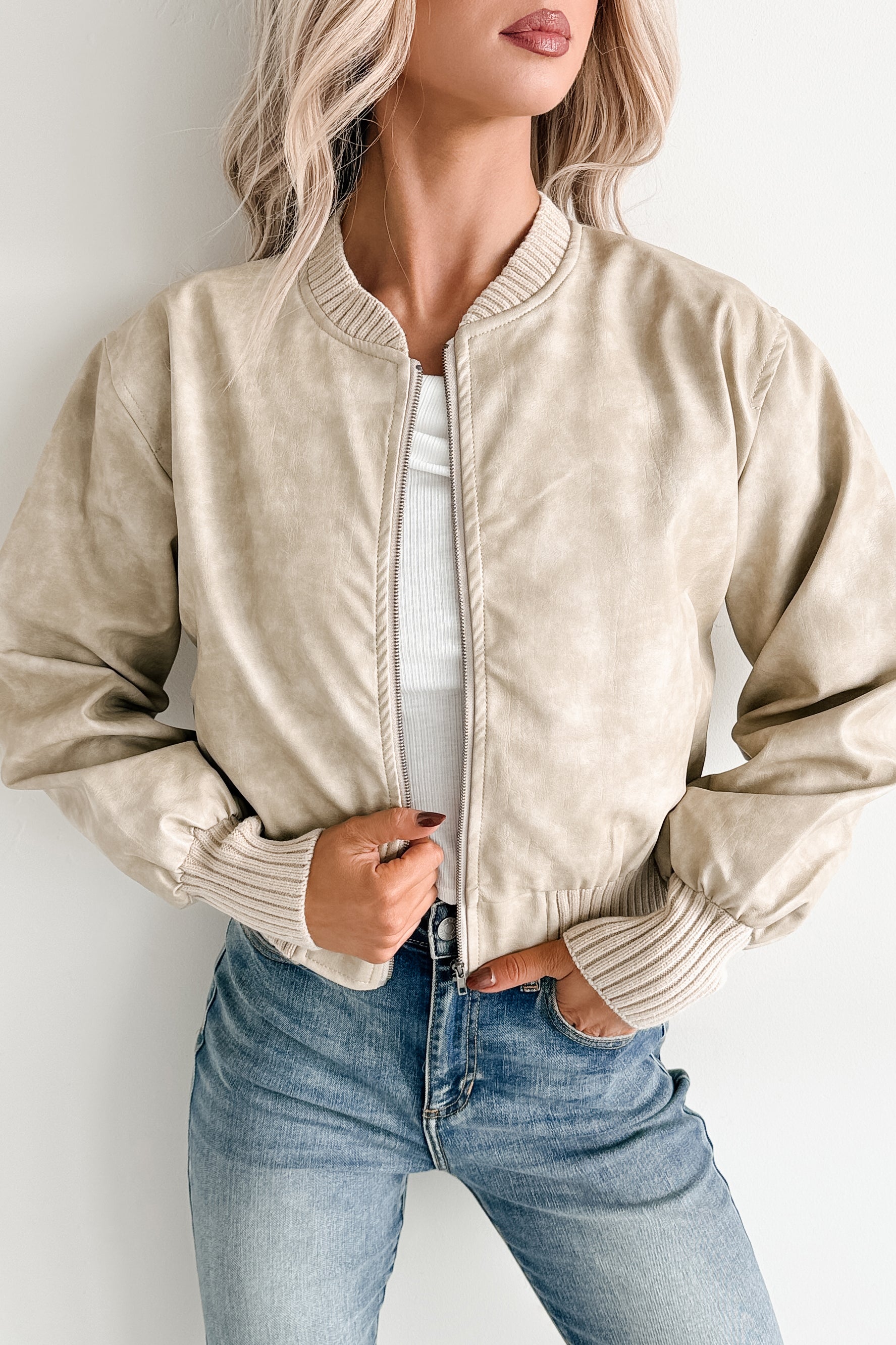 Leading Now Faux Leather Bomber Jacket (Sand)