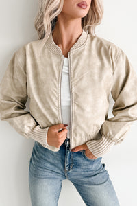 Leading Now Faux Leather Bomber Jacket (Sand)