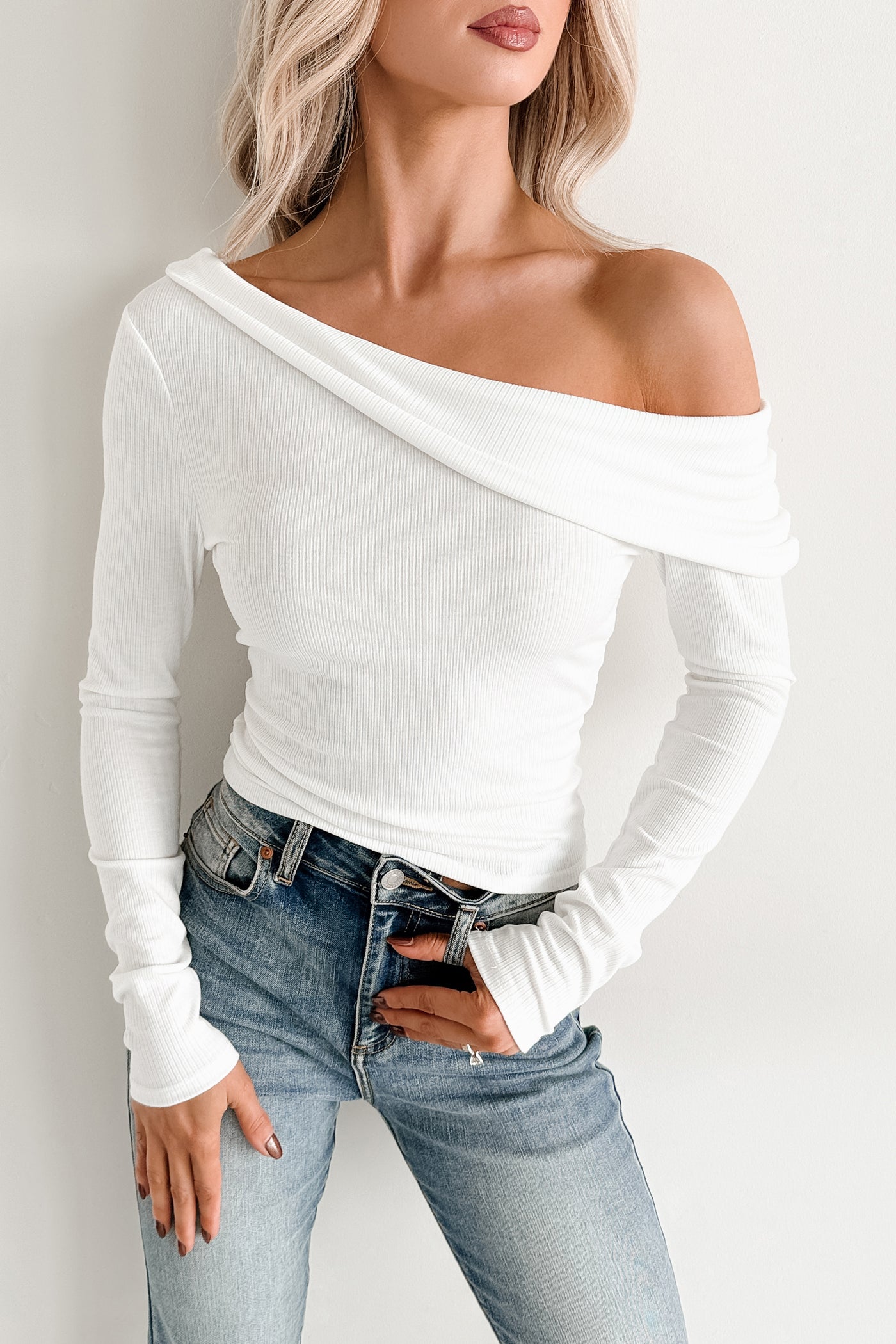 Luxe Basics One Shoulder Ribbed Top (Off-White)