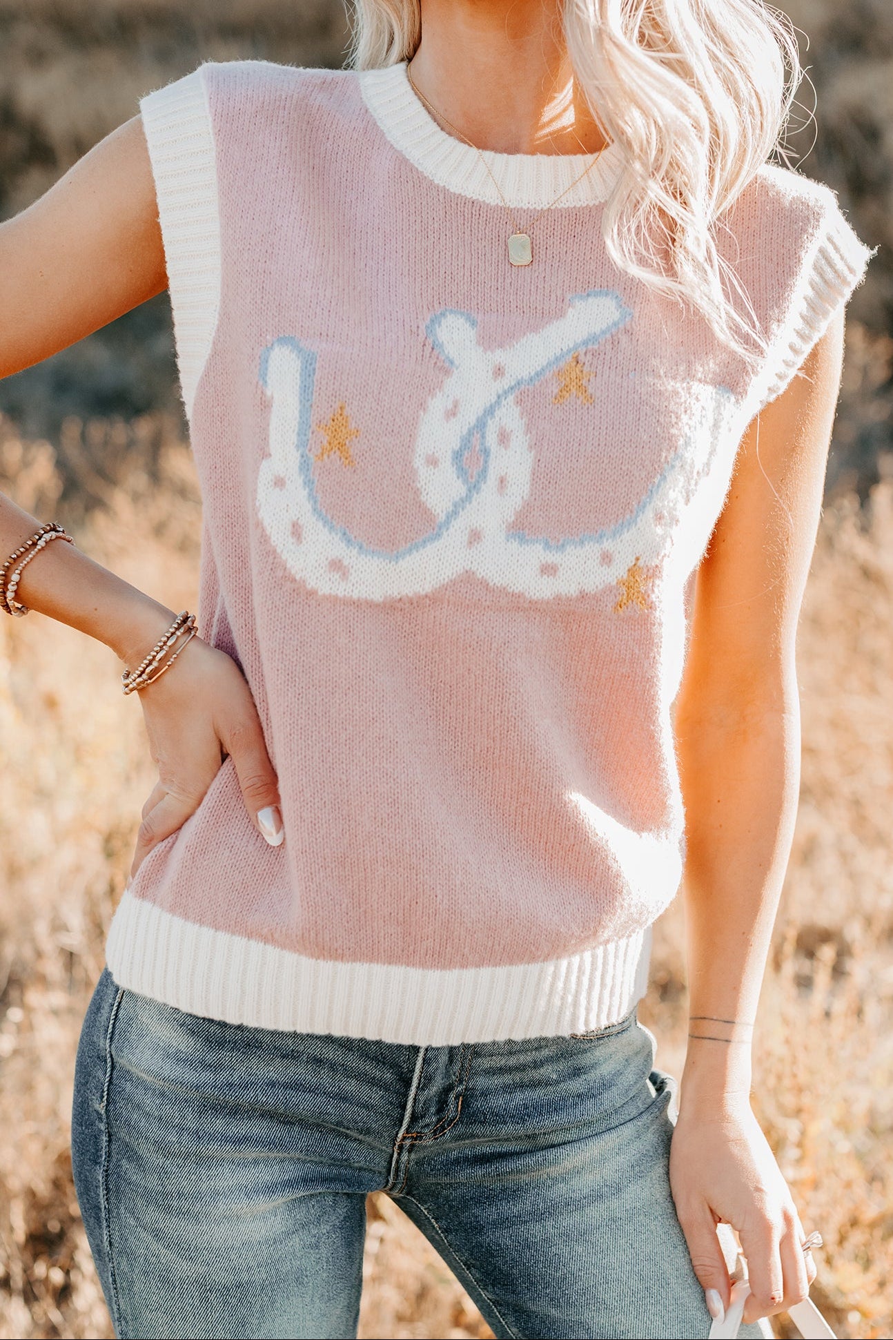 Lasso My Heart Horseshoe Sleeveless Sweater (Blush) - NanaMacs