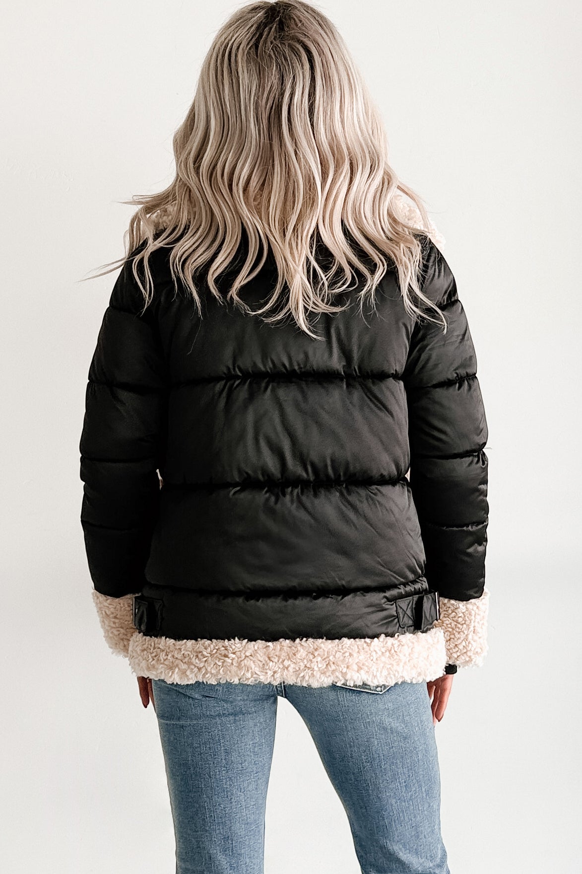 Night Affair Layered Faux Fur Puffer Coat (Black/Cream)