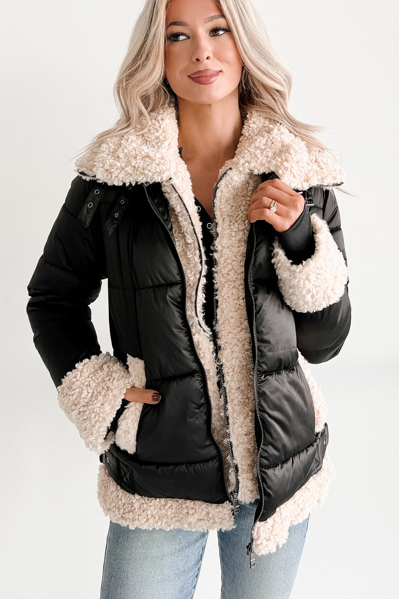 Night Affair Layered Faux Fur Puffer Coat (Black/Cream)
