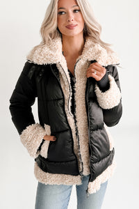 Night Affair Layered Faux Fur Puffer Coat (Black/Cream)