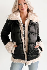Night Affair Layered Faux Fur Puffer Coat (Black/Cream)