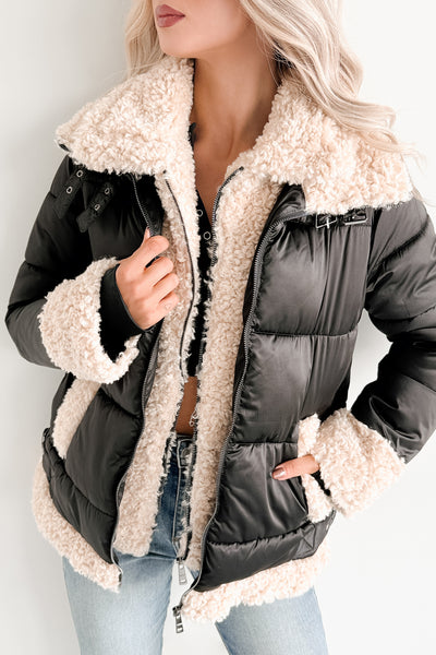 Night Affair Layered Faux Fur Puffer Coat (Black/Cream)