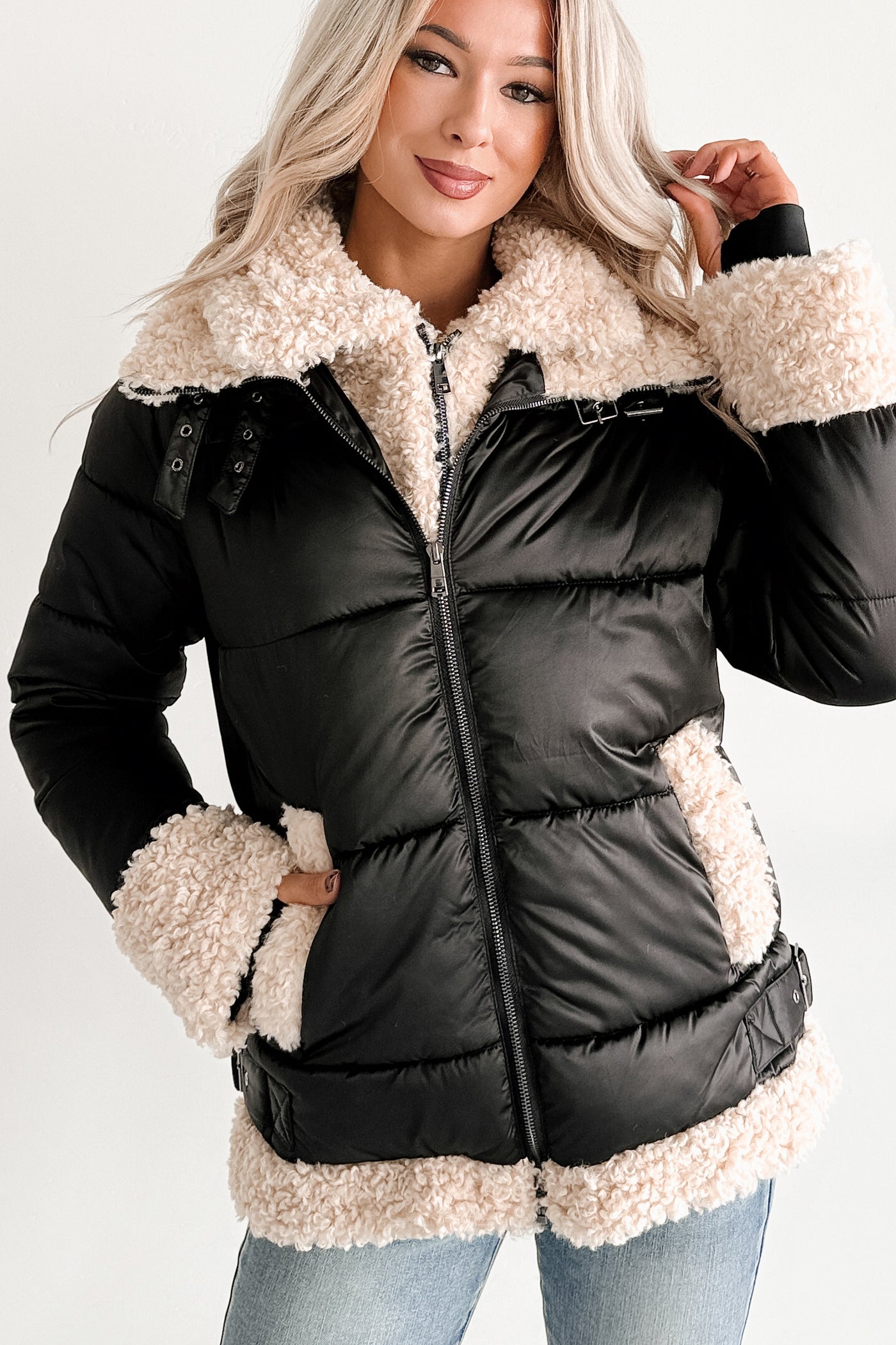 Night Affair Layered Faux Fur Puffer Coat (Black/Cream)