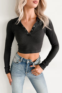 Starstruck Smiles Ribbed Henley Crop Top (Black)