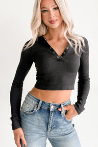 Starstruck Smiles Ribbed Henley Crop Top (Black)