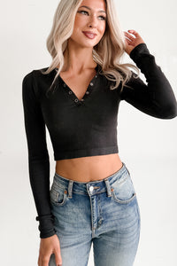 Starstruck Smiles Ribbed Henley Crop Top (Black)