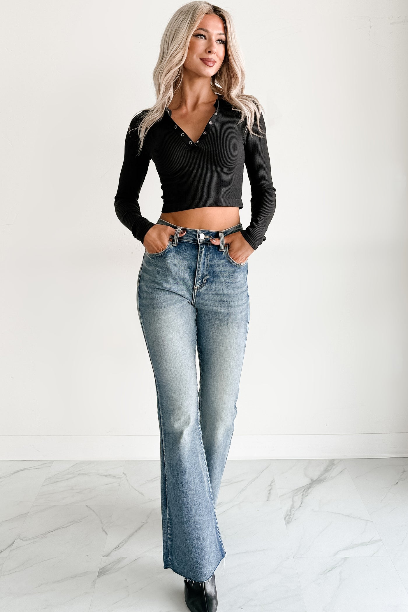 Starstruck Smiles Ribbed Henley Crop Top (Black)