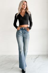 Starstruck Smiles Ribbed Henley Crop Top (Black)