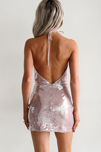 Radiance Rules Sequin Halter Mini Dress (Pink) - NanaMacs