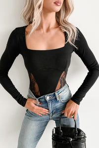 Rising Star Lace Detail Long Sleeve Bodysuit (Black)
