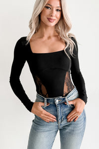 Rising Star Lace Detail Long Sleeve Bodysuit (Black)