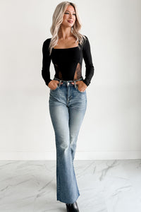 Rising Star Lace Detail Long Sleeve Bodysuit (Black)