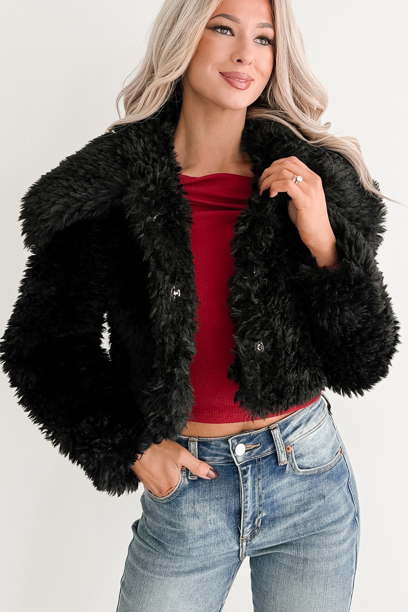 Strong Season Faux Fur Collared Jacket (Black) - NanaMacs